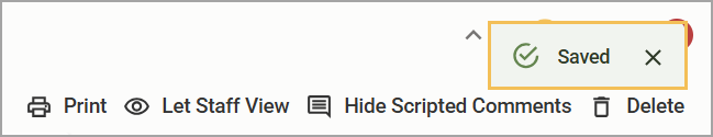 Interface showing options to print, view, and delete with a saved notification.